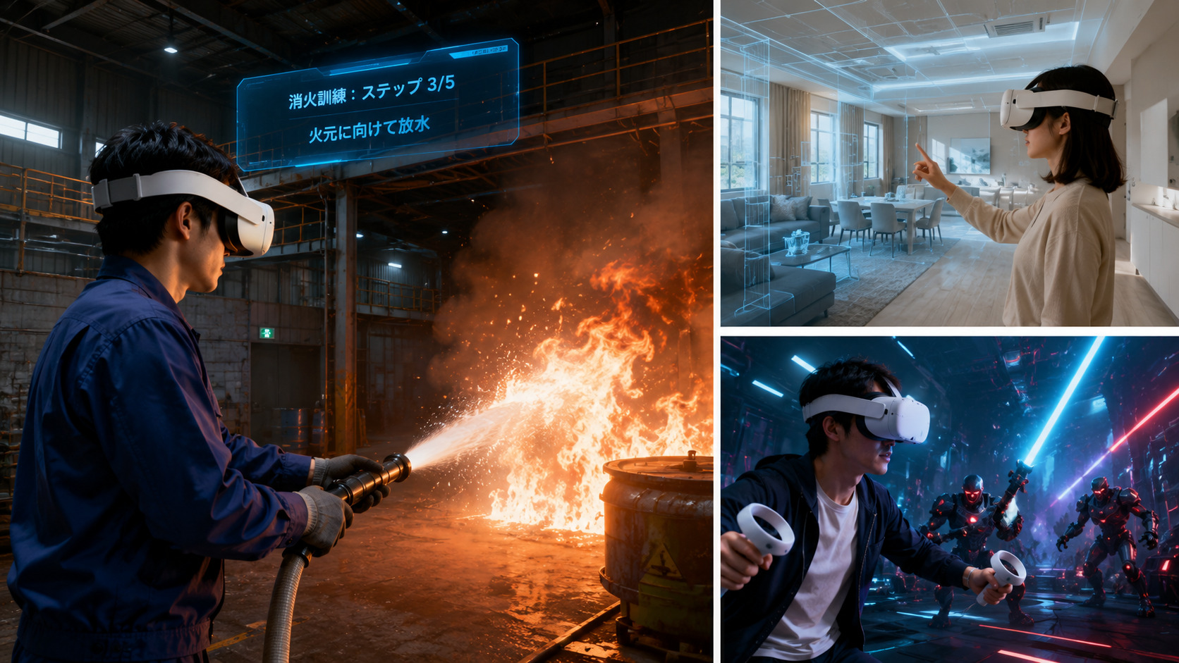 VR(仮想現実)のイメージ図|ヘッドセットで仮想空間に没入する様子