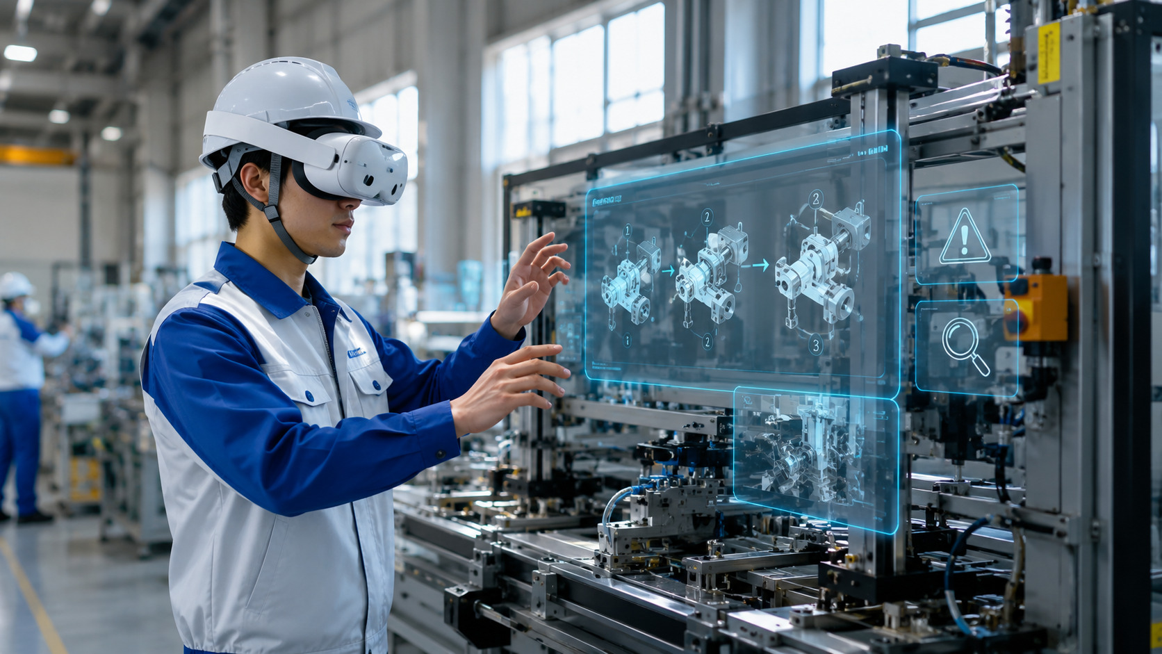 製造業でのMR研修イメージ｜工場でMRヘッドセットを装着した作業者